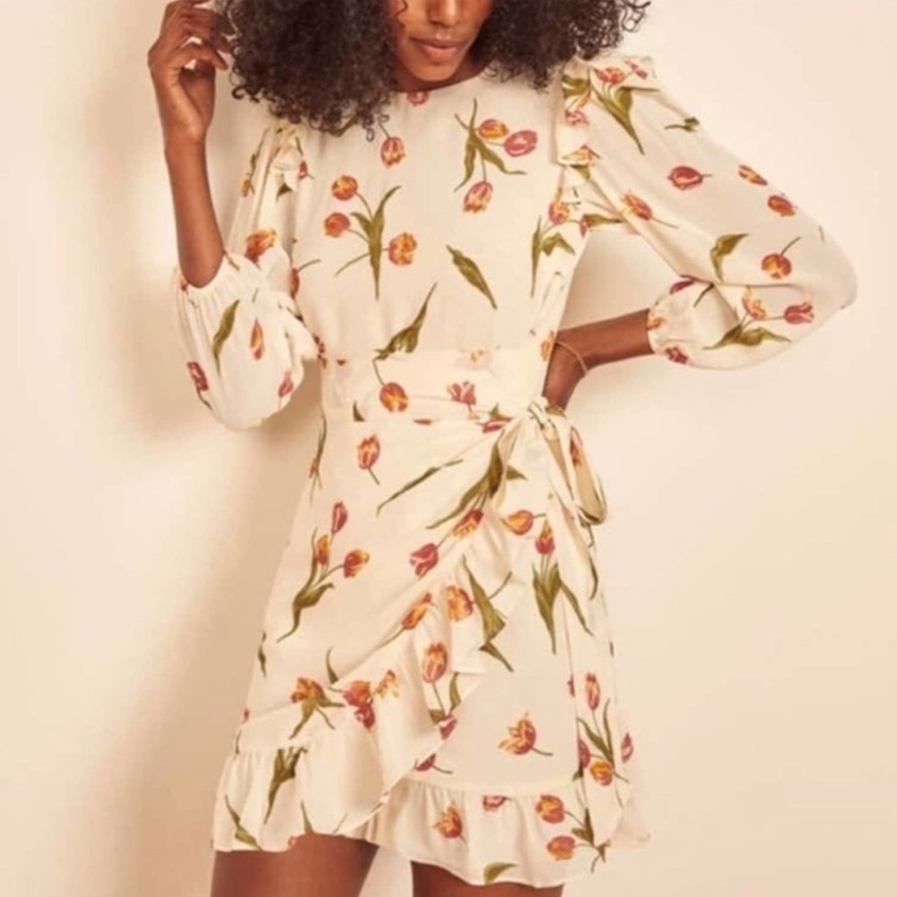 Reformation Quest long sleeve floral mini dress in the Bianca floral print